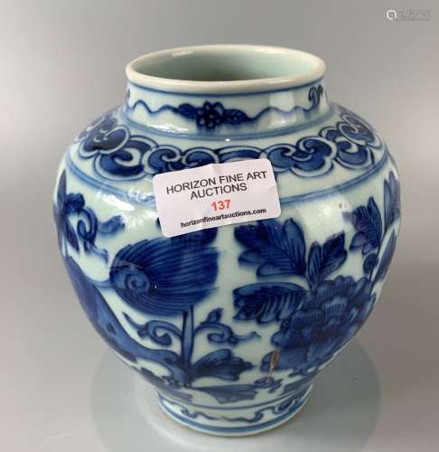 CHINESE BLUE AND WHITE GINGER JAR HAND PAINTED  FLOWER,H18CM