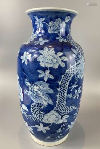 CHINESE BLUE AND WHITE PORCELAINVASE HAND PAINTED WITH DRAGO...