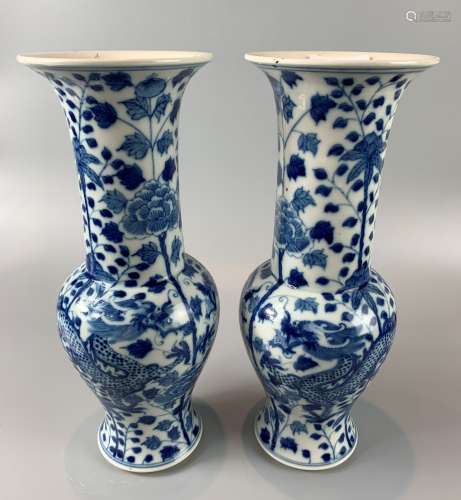 PAIR OF CHINESE BLUE AND WHITE PORCELAIN GU VASE ,HAND PAINT...