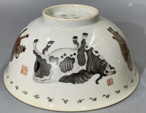 CHINESE FAMILLE ROSE PORCELAIN BOWL ,HAND PAINTED COWS , D 1...