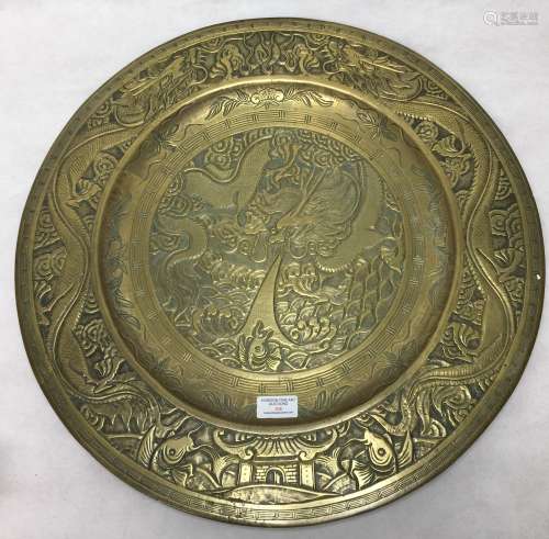 LARGE CHINESE BRONZE CRAVED DRAGON PLATE ,D52.5CM