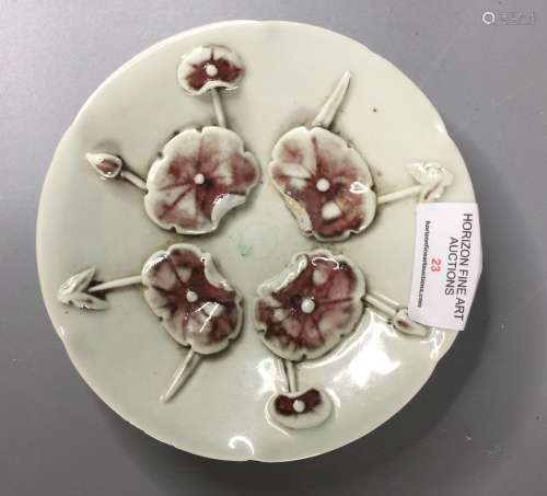 A CHINESE UNDER GLAZED RED DISH ,DECORATED LOTUS FLOWER,D13....