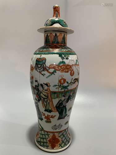 CHINESE FAMILLE VERTE VASE AND COVER ,H34CM