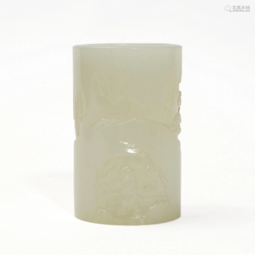 A MINI WHITE JADE PEN HOLDER WITH FIGURES CARVED