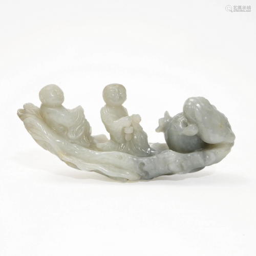 A JADE BOAT, CARVED WITH GODS AND TOADS
