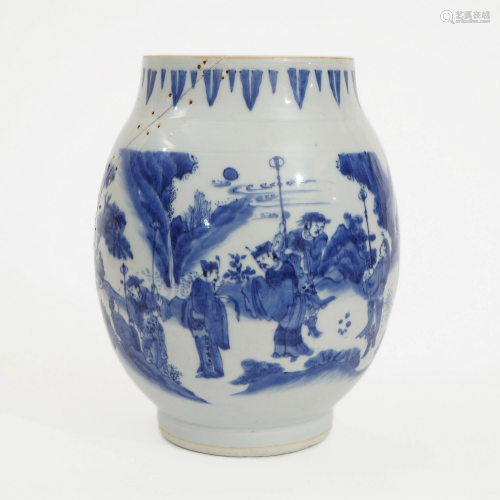 A BLUE AND WHITE LOTUS SEED-SHAPED JAR WITH FIGURES