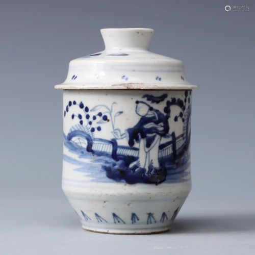 A BLUE AND WHITE JAR WITH FIGURES PAINTED