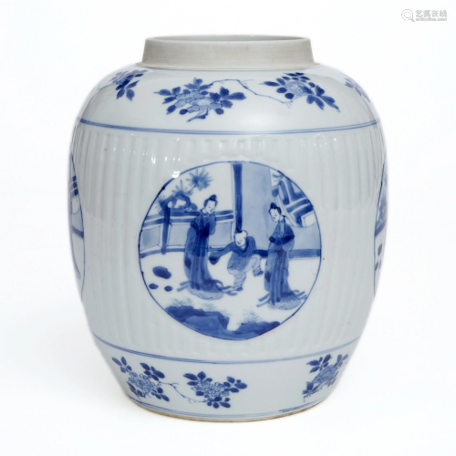 A BLUE AND WHITE JAR WITH FIGURES PAINTED