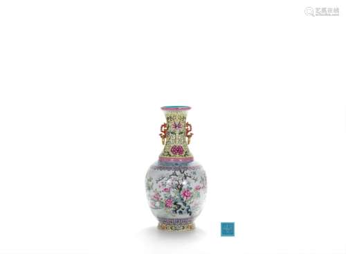 CHINESE FAMILLE ROSE FLOWERS DOUBLE EARED VASE