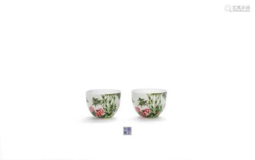 CHINESE PAIR OF ENAMEL BAMBOO FLOWERS CUPS