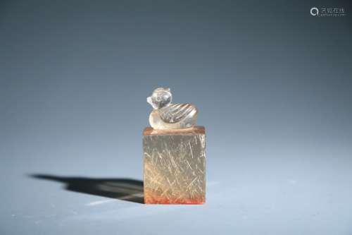 CHINESE RUTILATED QUARTZ MYTHICAL BEAST SEAL