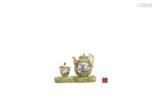CHINESE SET OF YELLOW GROUND FAMILLE ROSE TEAPOT A