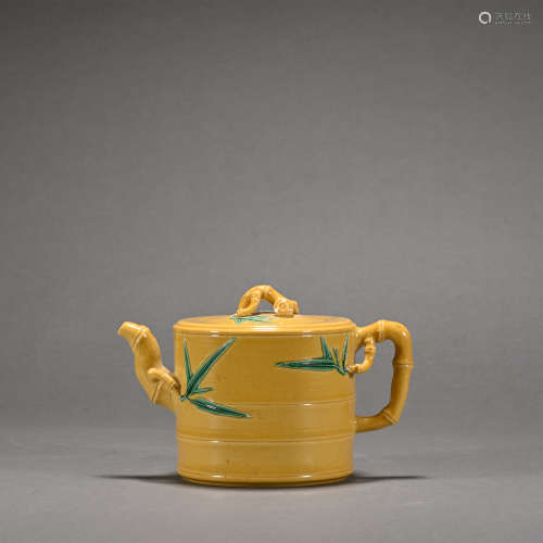 黃釉竹節茶壺