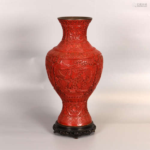剔紅漆雕花瓶 連木座