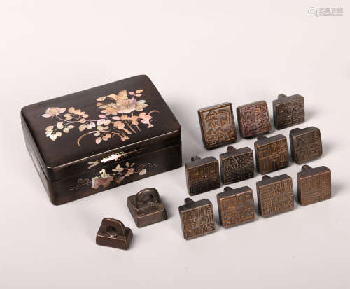 細銅印 連硬木貝雕盒 1組14件