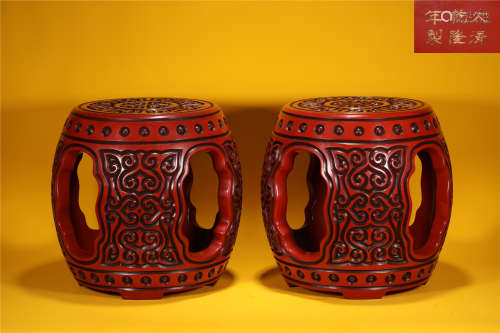 A PAIR OF QING STYLE CARVED POLYCHROME LACQUER STOOLS