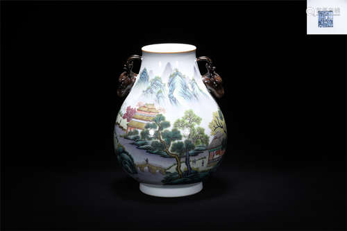 A FAMILLE ROSE PORCELAIN LANDSCAPE DESIGN ZUN VASE