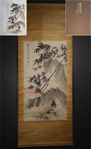 A CHINESE HAND-PAINTED HANGING SCROLL BAMBOO AND ROCK PAINTI...
