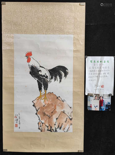 A CHINESE HAND-PAINTED HANGING SCROLL ROOSTER PAINTING