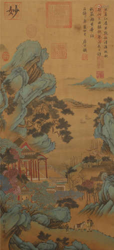 A CHINESE HAND-PAINTED HANGING SCROLL LANDSCAPE PAINTING ON ...