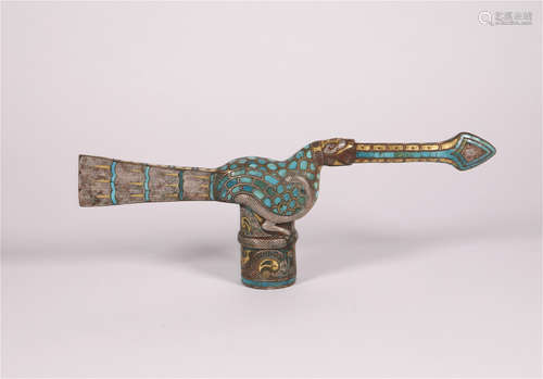 A PHOENIX SHAPED BRONZE STICK HEAD OR HANDLE