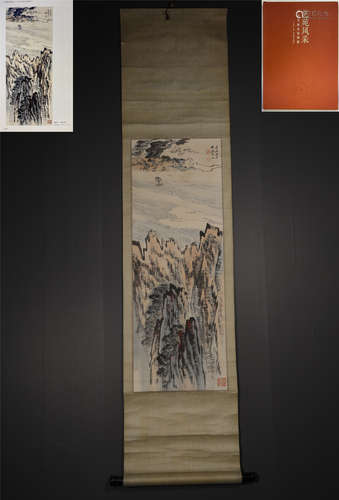 A CHINESE HAND-PAINTED HANGING SCROLL LANDSCAPE PAINTING