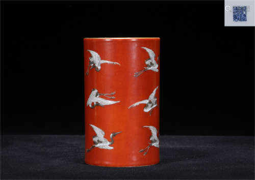 Qing Qianlong style red glaze porcelain brush pot