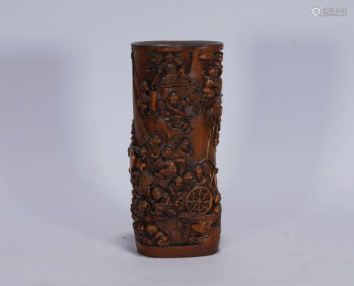 Qing style ancient boxwood carved brush pot