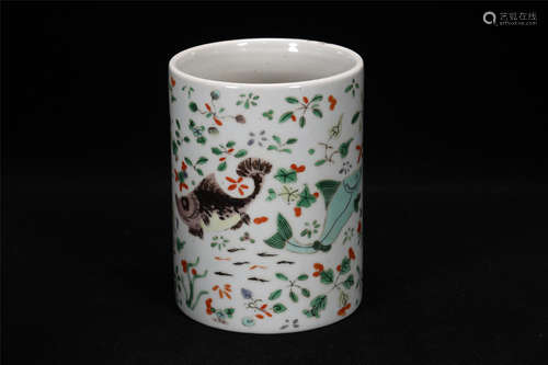 Qing Kangxi style fish pattern porcelain brush pot