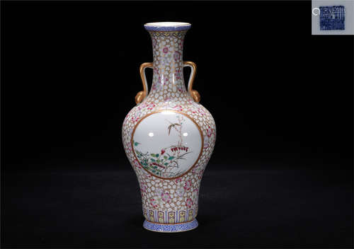 Qing Qianlong style famille rose double ear porcelain vase