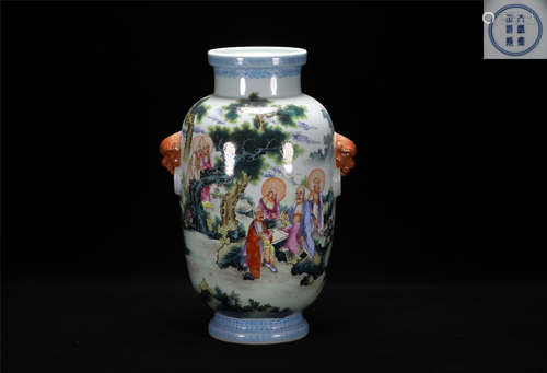 Qing Qianlong style famille rose double ear porcelain vase