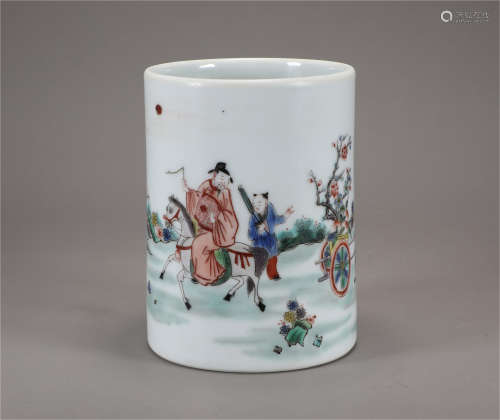 Qing Kangxi style blue and white wu cai porcelain brush pot