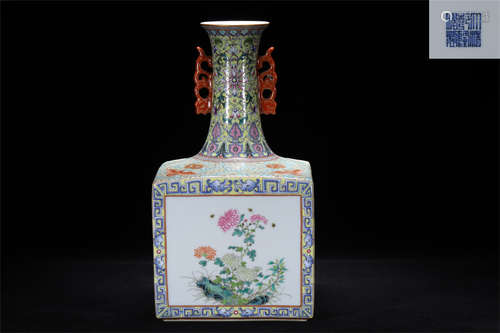 Qing Qianlong style famille rose double ear porcelain vase