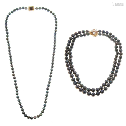 A Pair of Gray Pearl Necklaces with 14K Clasps
