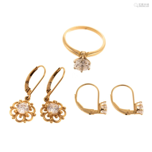 Two Pairs of CZ Earrings & CZ Ring in 14K