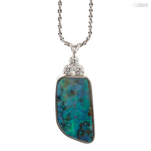 A Custom-Made 14K Boulder Opal & Diamond Pendant