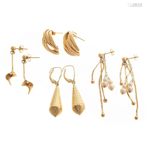 Four Pairs of 14K Yellow Gold Earrings