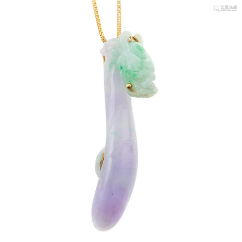 A Fine Lavender & Green Jade Dragon Pendant in 18K