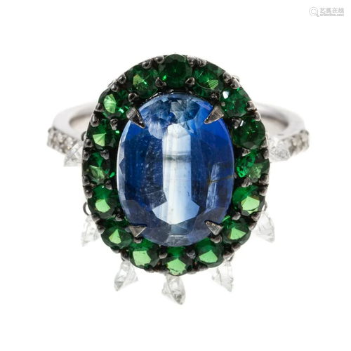 An 18K Kyanite & Tsavorite Ring with Diamond Drops