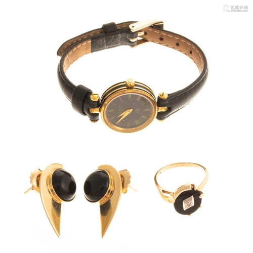 A Gucci Watch, Black Onyx Ring & 14K Earrings