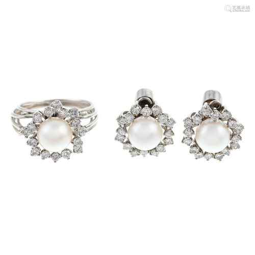 Vintage Pearl & Diamond Ring & Earrings in Platinum