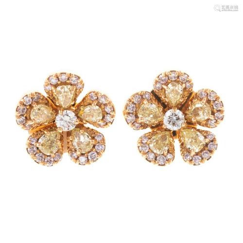 A Pair of Yellow Diamond Flower Earrings in 18K