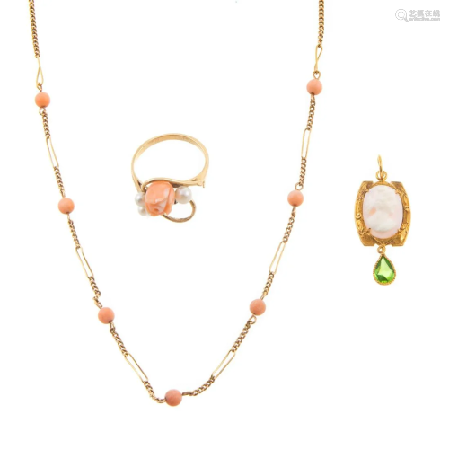 An 18K Coral Necklace, Ring & Pendant