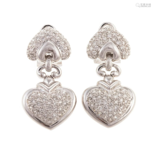 A Pair of Pave Diamond Heart Earrings in 14K