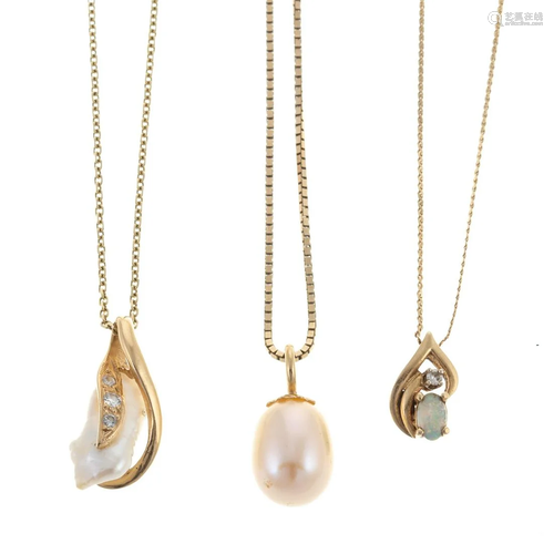 A Trio of Pearl & Diamond Pendants in 14K