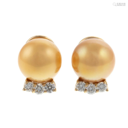 Golden South Sea Pearl & Diamond Earrings in 14K