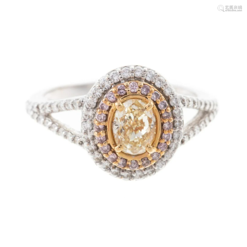 An Oval Yellow Diamond & Pink Diamond Ring in 18K