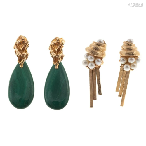 Two Pairs of 14K Earrings with Pearl & Malachite