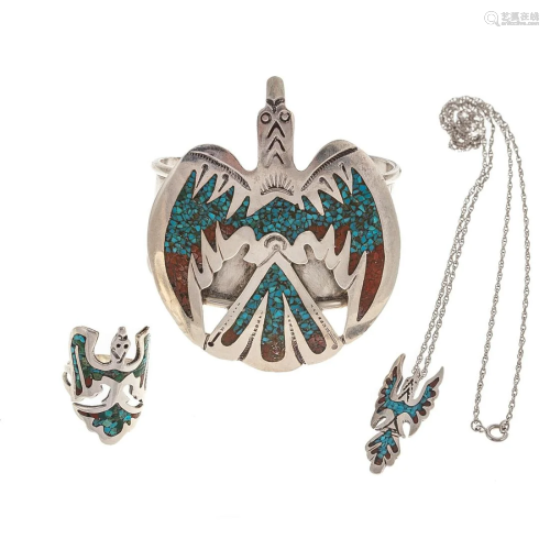 A Sterling Turquoise Native American Suite