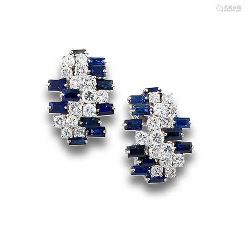 White gold earrings with diamonds and sapphires.